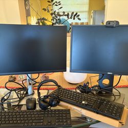 2 Dell 19 inch monitors,  1 Dell wireless keyboard one wireless mouse, , one Dell keyboard, one Logi wired Headset, one Logi camera