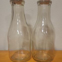 Pair of One Quart Vintage Ribbed Rimmed Glass Milk Bottles/Farmhouse Kitchen Glass Milk Bottles, Both w/ Original Cardboard Cap
