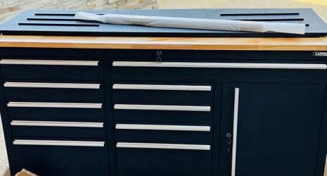 Garvee 61 × 19 Inch Tool Chest Workbench, 61-inch Rolling Tool Chest with Wheels, 10 Drawers, Multifunctional Tool Cart Mechanic Tool Storage Cabinet