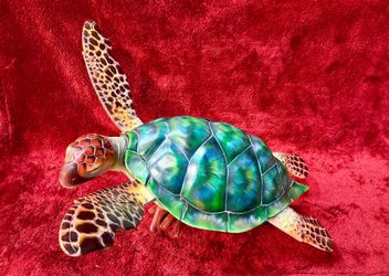 Huge 27" Wooden Sea Turtle Sculpture Hand Painted Coastal Decor Driftwood Base