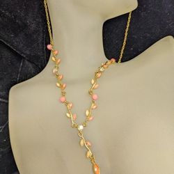Elegant Pink Coral Leaf Floral Gold Necklace Bridal 