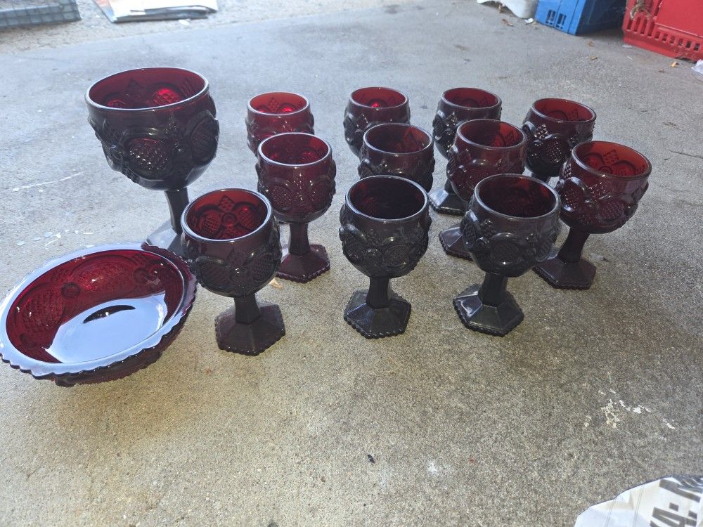 AVON Cape Cod Ruby Red glass collection set vintage drink cups bowl plate