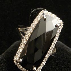 Checkerboard Cut Thai Black Spinel, White Zircon Ring,  Size 6