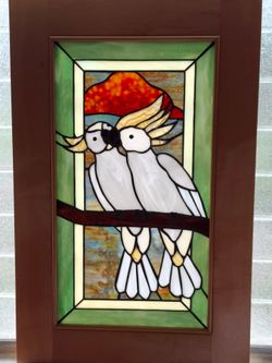 Tiffany-style stained glass panel featuring macaws in love, 22" x 12"