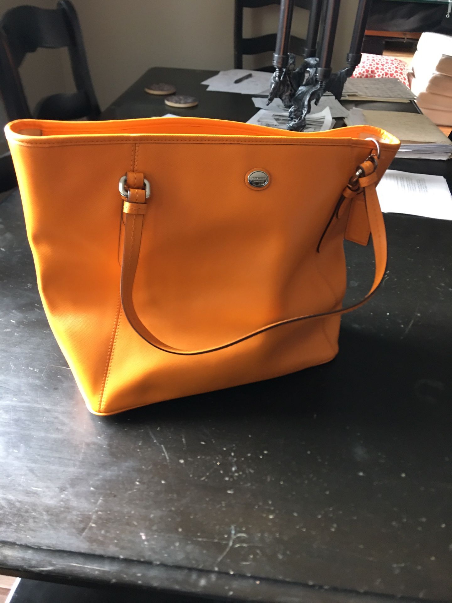 COACH PEYTON LEATHER ZIP TOP TOTE (COACH F27349) SILVER/TANGERINE Leather