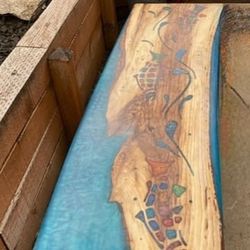 8 Foot Epoxy Resin And Wood Bench With Inlays
