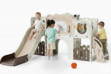 10-in-1 Large Toddler Slide Set, Kids Slide Climber Playset with Drawing Board, Basketball Hoop, Sturdy Baby Playground, Indoor Outdoor Playhouse for 