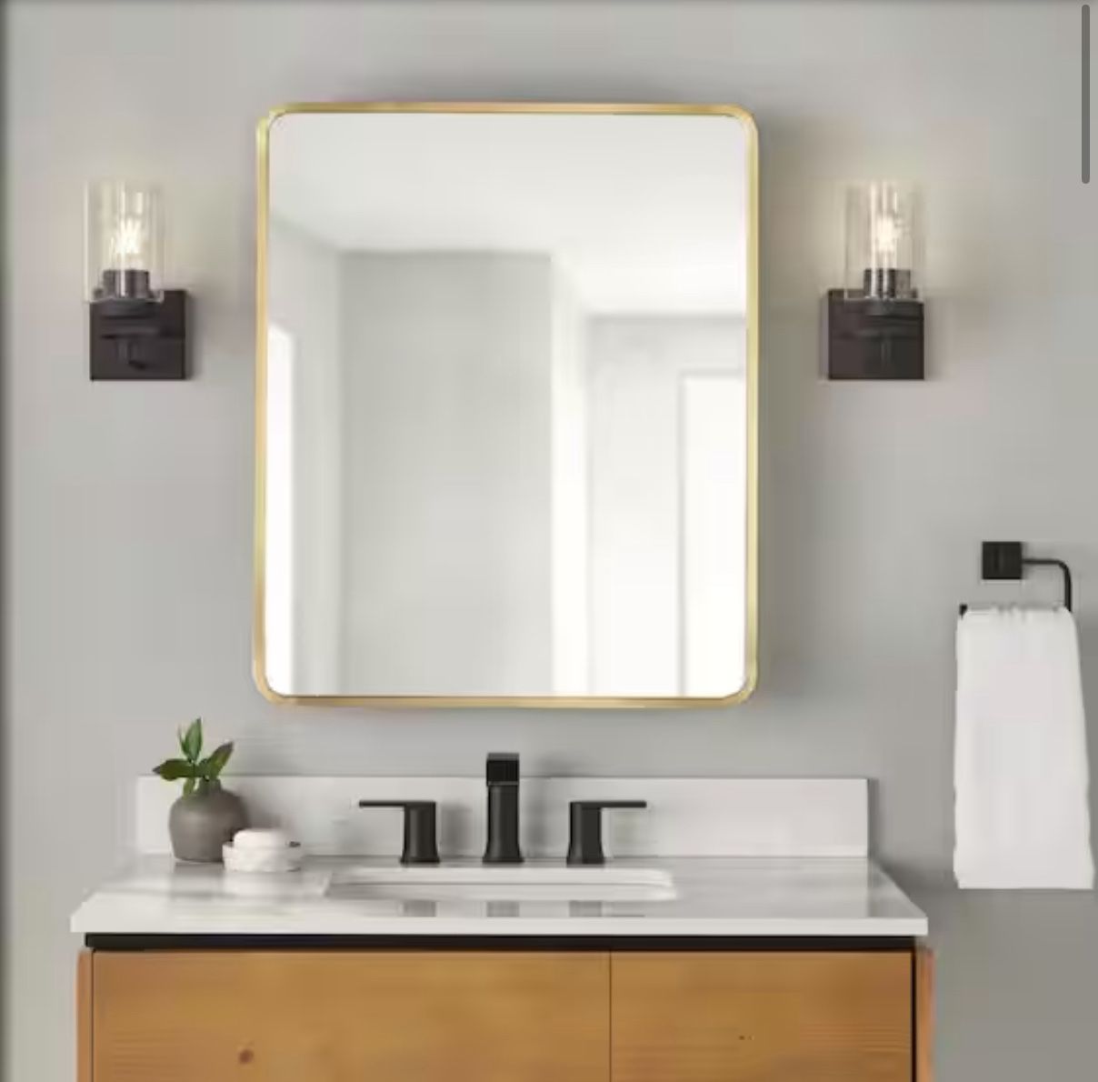 Rounded Corner Rectangular Brushed Gold Medicine Cabinet with Mirror