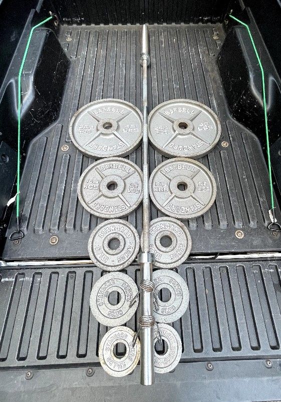 SET OF CLASSIC CAP OLYMPIC PLATES  & 7 FOOT BARBELL BAR / (PAIRS OF) :  45s  35s  10s  5s  2.5s 