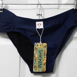 Shekini Women's Bikini Bottoms Low Waisted Rutched Sides NWT Malbu Blue L 