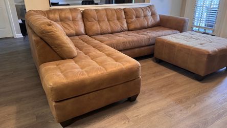Tan Leather Tufted Sectional Sofa with Ottoman