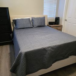 Queen Beige Upholstered Bed