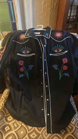 Men’s Rancho Loco Style. “Roorb” XL Black w white trim  (embroidered eye, sun, flower, snake)z