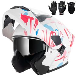 Modular Flip Up Motorcycle Helmets For Men Women, DOT, Pink Blue White, M