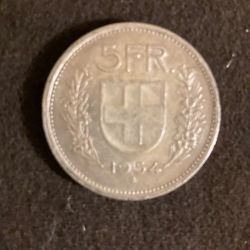 1954 Five Swiss Franc Silver Coin