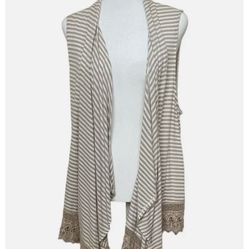 Striped  Open Sleeveless Cardigan with Crochet Lace