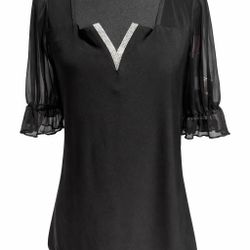 Adele & May Black Chiffon Blouse Rhinestone Detail Small