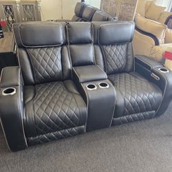 Black Faux Leather Power Recliner Loveseat 