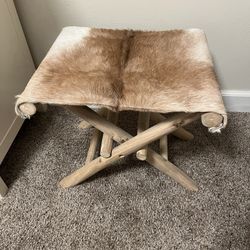 Teakwood and Real Goat Fur Folding Stool