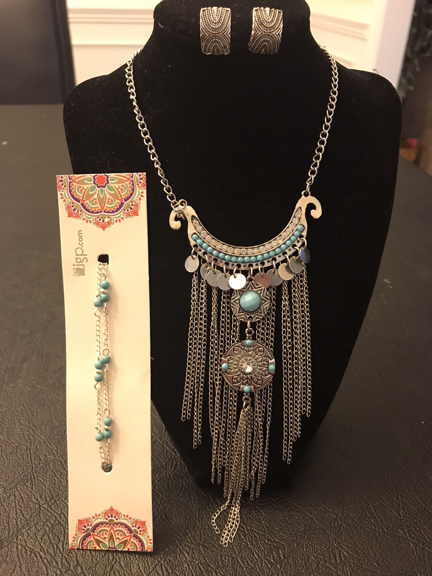 Oxidized long tassels necklace earrings & pair of anklet