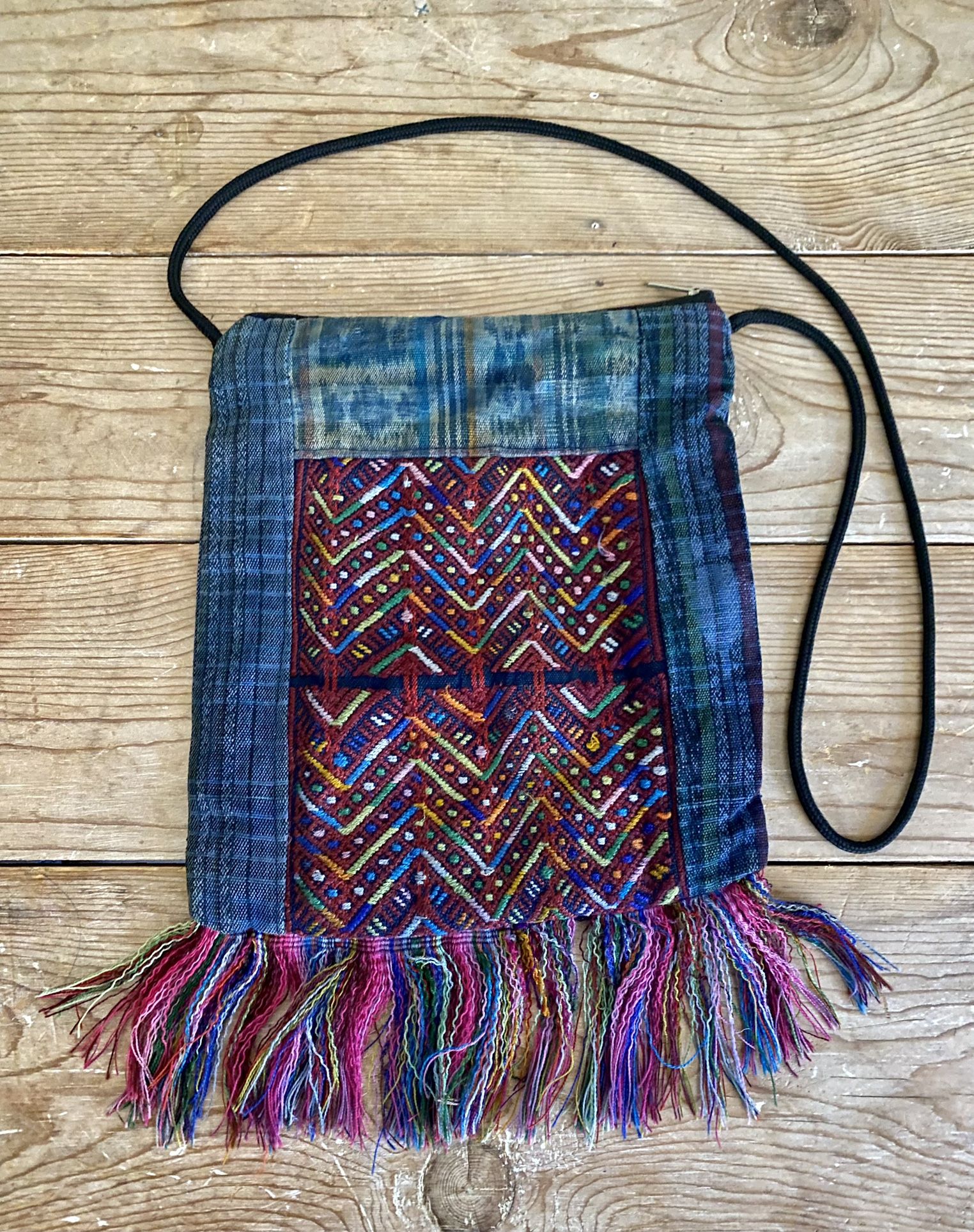 Vintage Multicolor Embroidered Woven Fringe Boho Crossbody Bag Guatemala 9.5x8.5