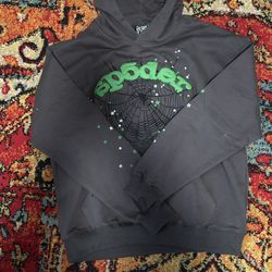 Sp5der Hoodie Grey And Green Wait Graphic Print