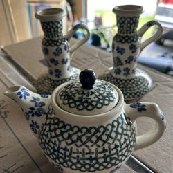 Polish Pottery Candleholders & Small Decor Teapot