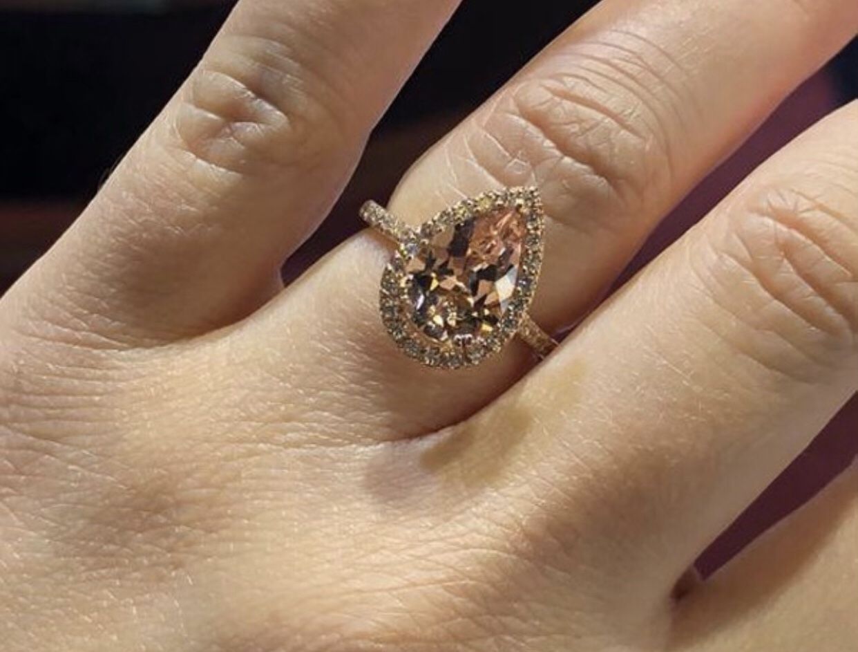 Beautiful Morganite and diamond Ring Pear Shape Art Lab Created Diamonds Deco Antique Engagement Ring