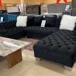Black Velvet Tufted Double Chaise Sectional w/ Pillows 