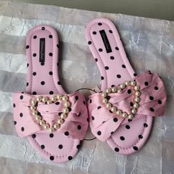 NWT Victoria's Secret Embellished Satin Bow Slide Pearl Heart Slppers Size M 8-8.5