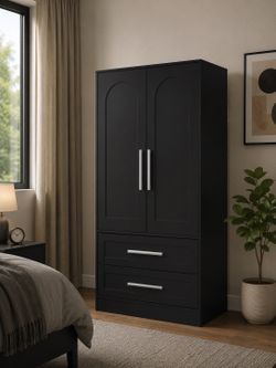 Modern Black Freestanding Wardrobe Cabinet with Drawers – Brand New