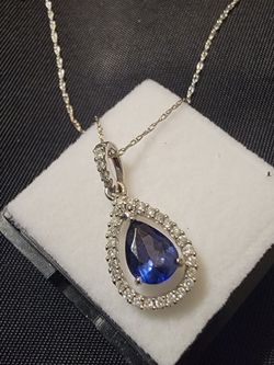 14K White Gold Sapphire Pendant – Pear Teardrop Halo Necklace with Diamonds