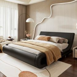 Full Size Bed Frame with Curved Adjustable Headboard, Faux Leather Upholstered Platform Bed, Black