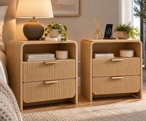 Set of 2 Fluted Nightstands, Natural Oak style with 2 drawers, Curved Profile 2pc Bedside Table Set with Power Outlet R-6