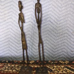 Vintage African Figures Tall Slender Metal Man & Woman