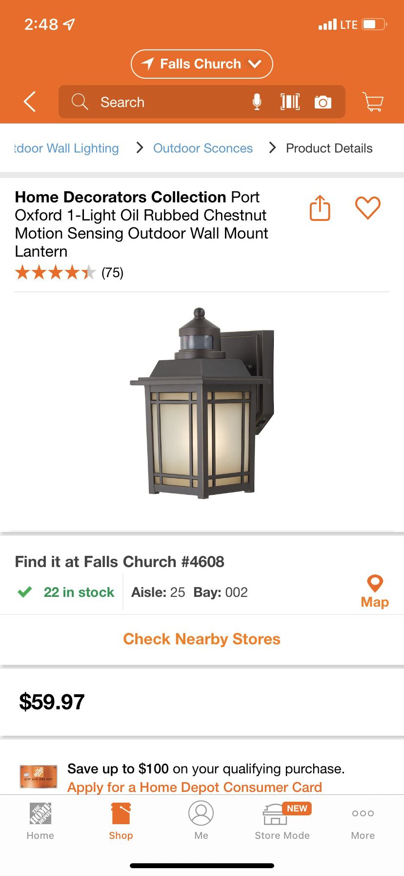 Home Decorators Collection Port Oxford 1-Light Oil Rubbed Chestnut Motion Sensing Outdoor Wall Mount Lantern