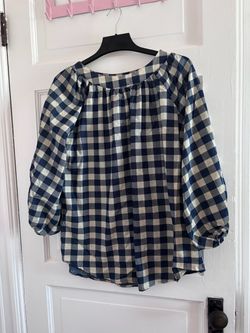 Navy Gingham Check Peasant Blouse -New -Size L