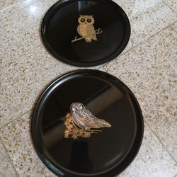 2 Vintage Couroc Monterey California Mid - Century Owl On A Branch Inlay Resin Tray 10.5"

