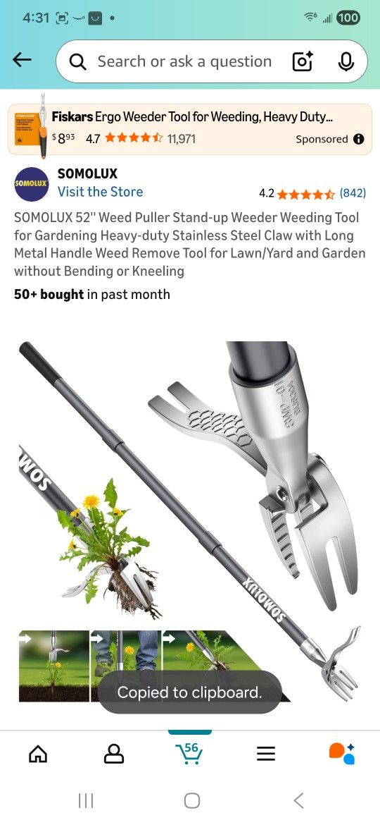 SOMOLUX 52'' Weed Puller Stand-up Weeder Weeding Tool for Gardening Heavy-duty Stainless Steel Claw with Long Metal Handle Weed Remove Tool for Lawn/Y