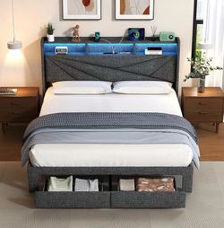 Upholstered Bed Frame with LED Headboard and Storage Drawers