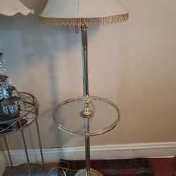 Beautiful Gold Floor Lamp With Attached Table And Beaded Shade. 60 Inches Tall By 16 Inches Wide O