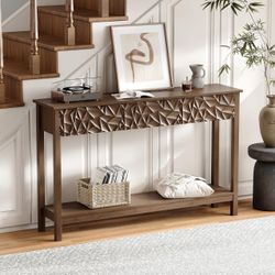 51 Inch Modern Console Table Farmhouse Entryway Table with 3 Drawers Narrow Wood Entry Way Table with Open Storage Shelf Long Sofa Table Behind Couch 
