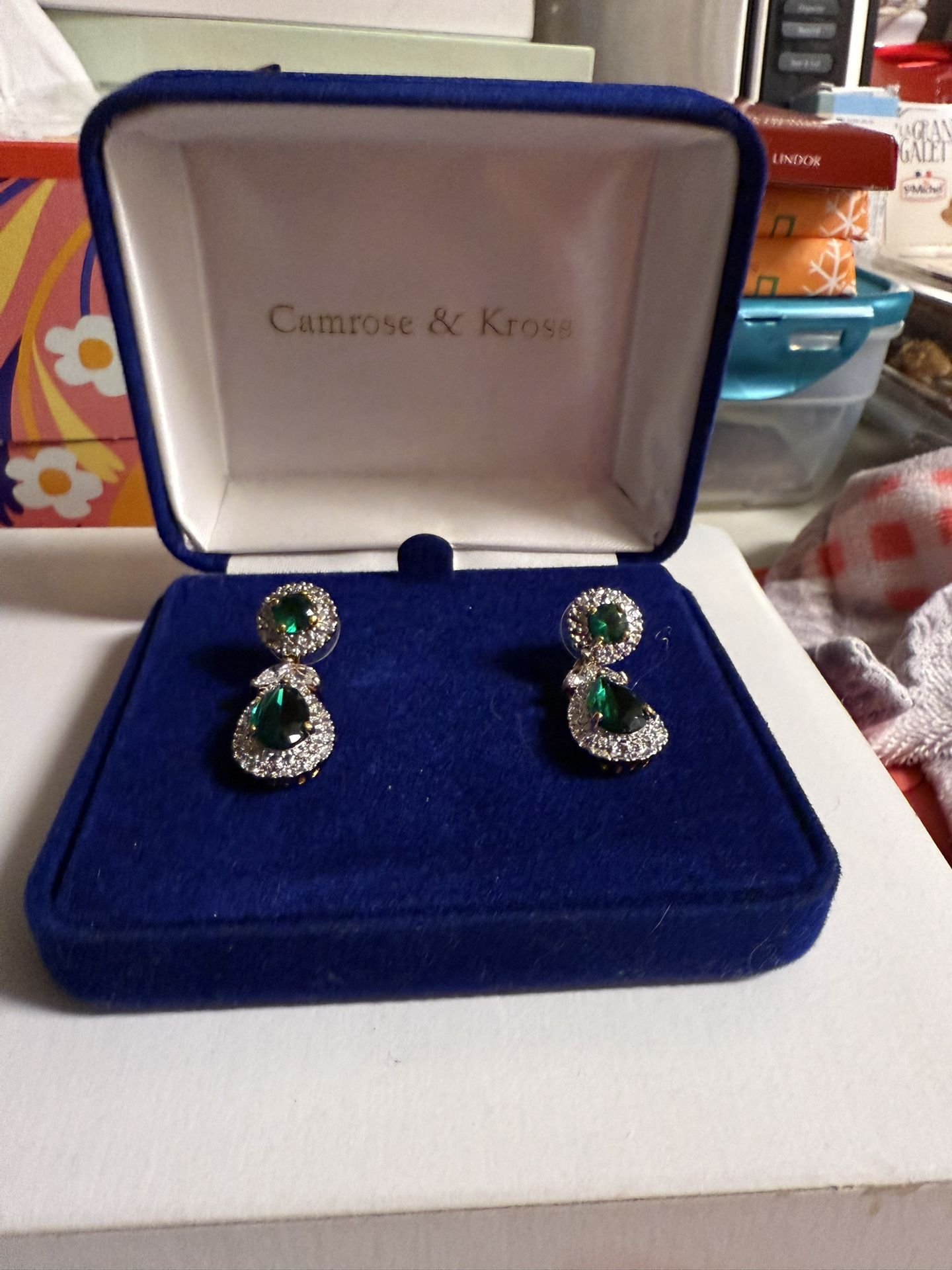 Camrose & Kross JBK/Jackie Kennedy convertible faux emerald & diamond earrings - new in box. The tear drop part can be removed so they can be worn 2 w
