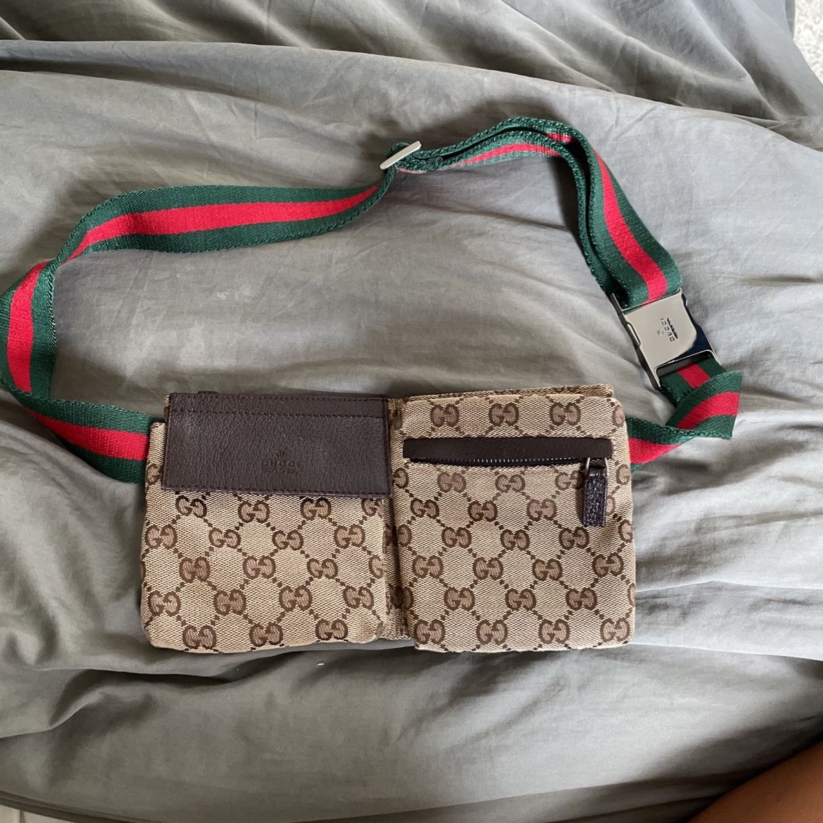 Gucci Belt Web Double Pocket Canvas Body Bag