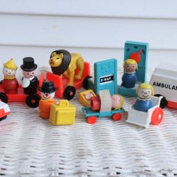 Vintage Fisher Price Little People (Circa 60's/70's) Hospital and Circus Set - Ambulance with Stretcher, X-ray, Scale, Big Bird, Clowns, Lion, People