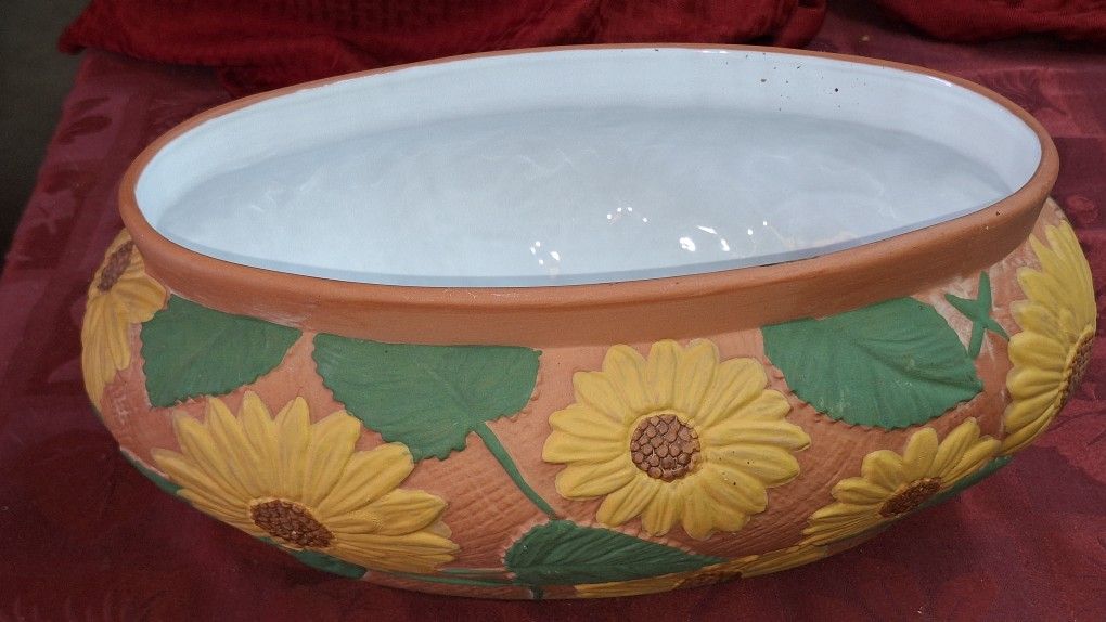 PORTA RAISED SUNFLOWER LARGE OVAL POTTERY HAND PAINTED MOLDE PORTUGAL L2D031