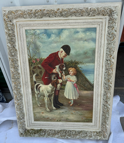 Large Signed Original Oil Painting – Hunting Dogs & Child – Ornate Frame