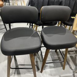 M-New Swivel Bar Stools Set of 2, 26" Upholstered Counter Height Bar Stools, Walnut Wood Legs, Faux Leather Barstools, Black with Back, Walnut Woo