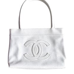 Vintage Chanel White Caviar Leather CC Logo Timeless Tote