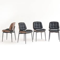 Mid Century Modern Dining Chairs with Walnut Grain Back, Black Faux Leather Dining Room Chairs Set of 4,